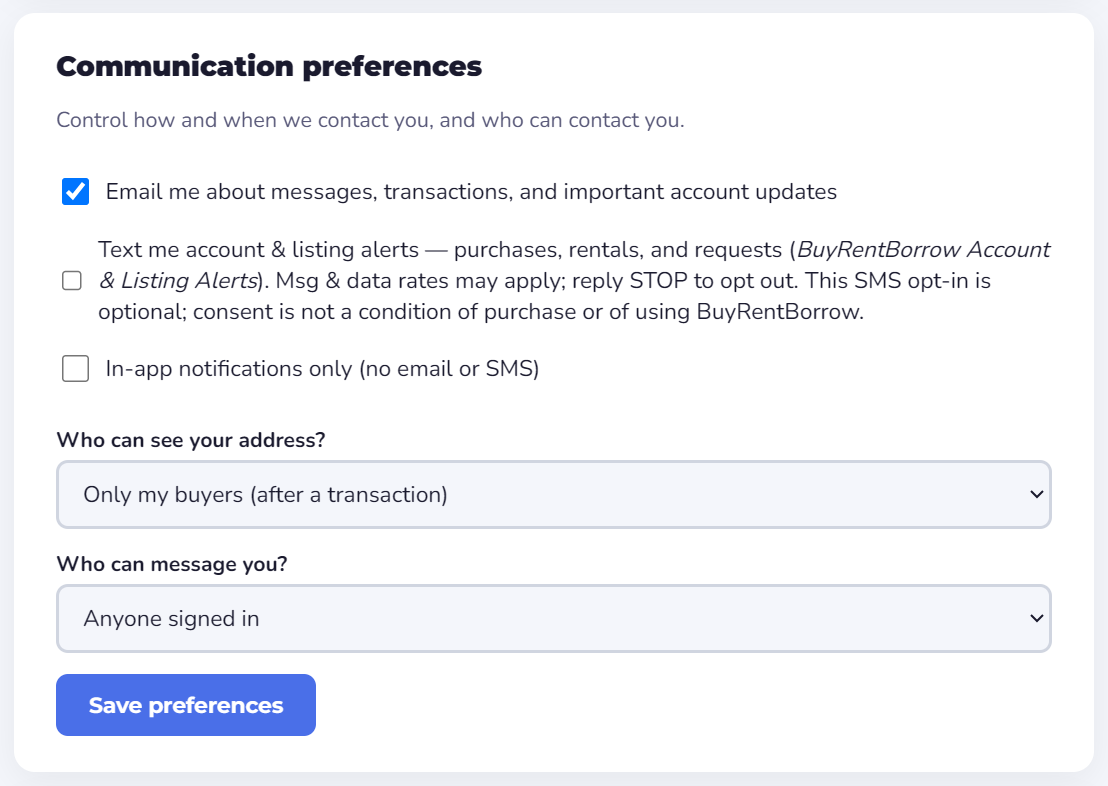 Profile screen: the unchecked Text me account and listing alerts consent checkbox